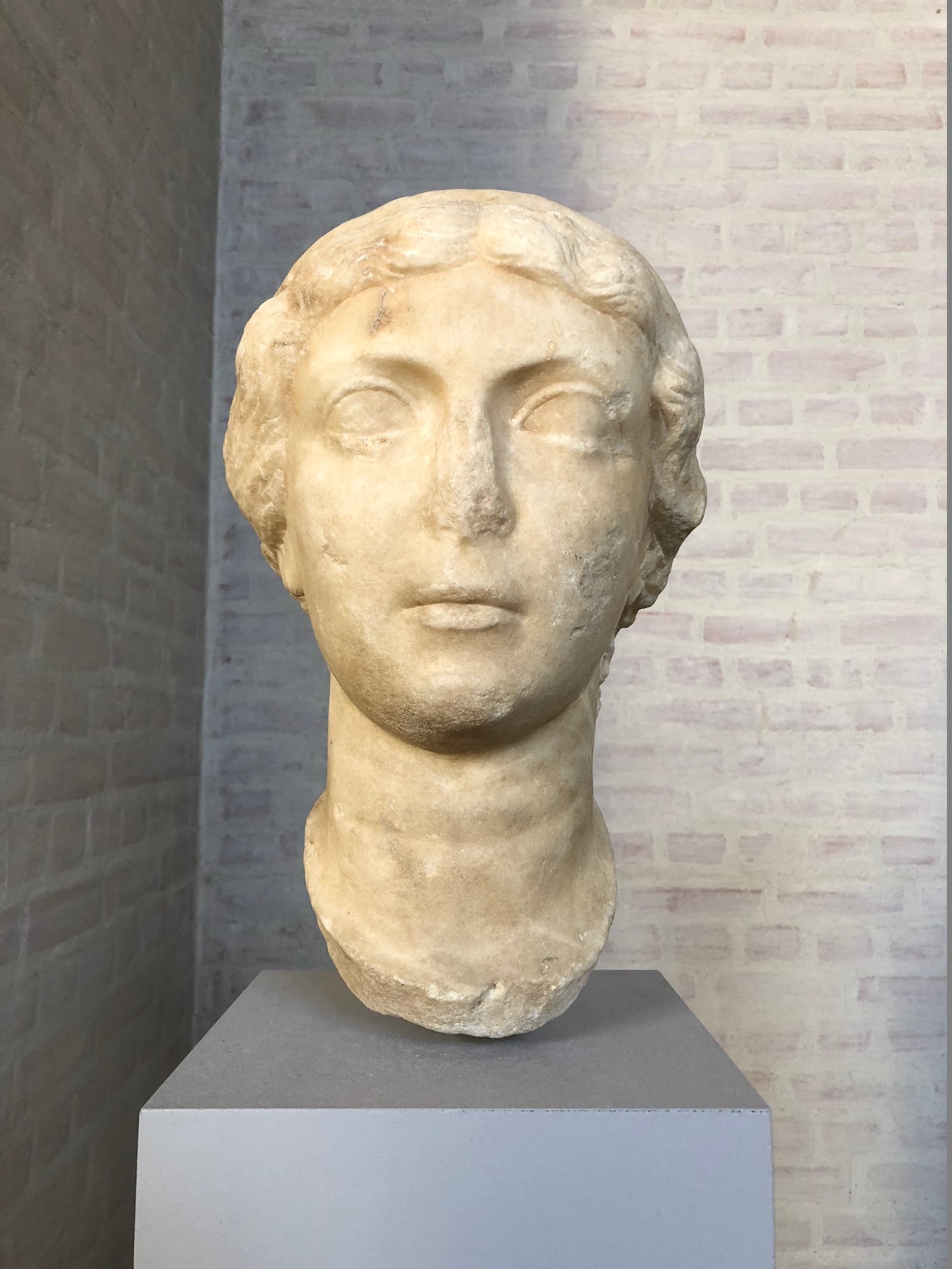 A sandstone-colored female portrait bust with some surface damage stands in front of a light gray brick wall on a light gray pedestal. A sandstone-colored female portrait bust with some surface damage stands in front of a light gray brick wall on a light gray pedestal.
